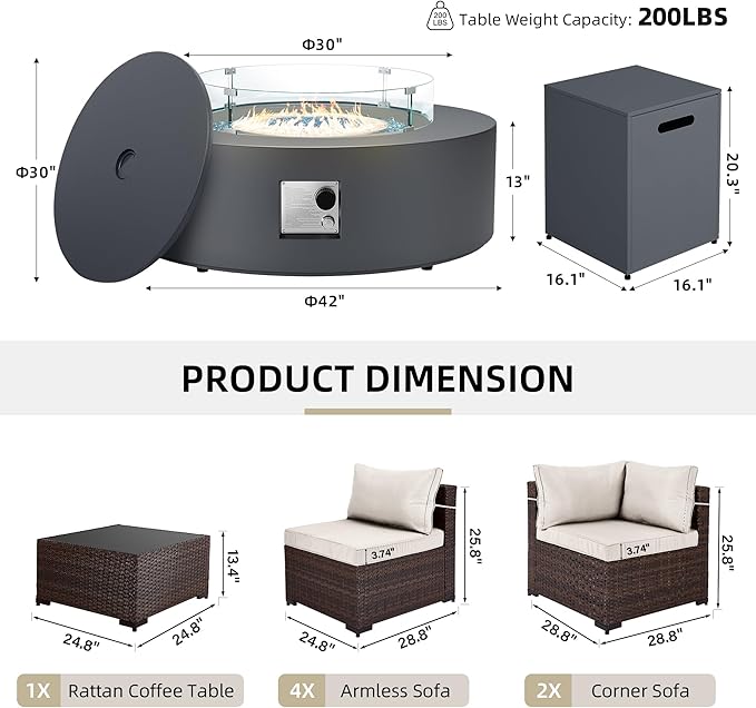 UPHA 9 Pieces Patio Furniture Sets, Wicker Outdoor Sectional Sofa Couch with Round Propane Pit for Deck Backyard Garden, Brown Rattan, White Cushion