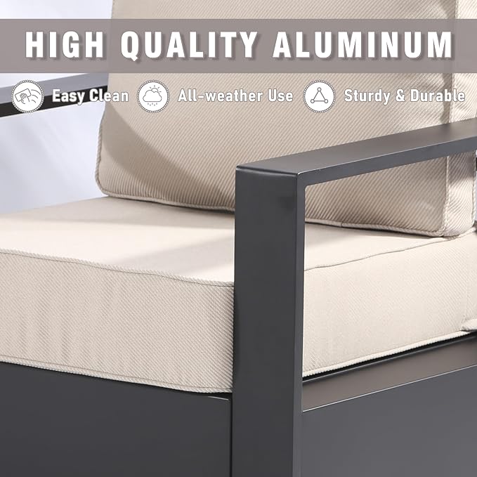 Outdoor Aluminum Furniture Set, 5-Piece Patio Conversation Set, 2 Swivel Chairs, 2 Chairs and 1 Sofa, All-Weather Metal Frame, 6" Thick Removable Cushions, Deep Setting for Garden and Porch