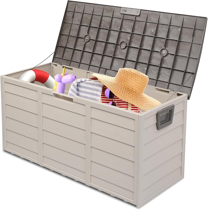 75 Gallon Large Outdoor Storage Box, Indoor and Outside Deck Box with Lockable Design Lids, Waterproof Resin Storage Containers Bin for Garden, Garage, Patio, Poolside, Toy Storage Brown