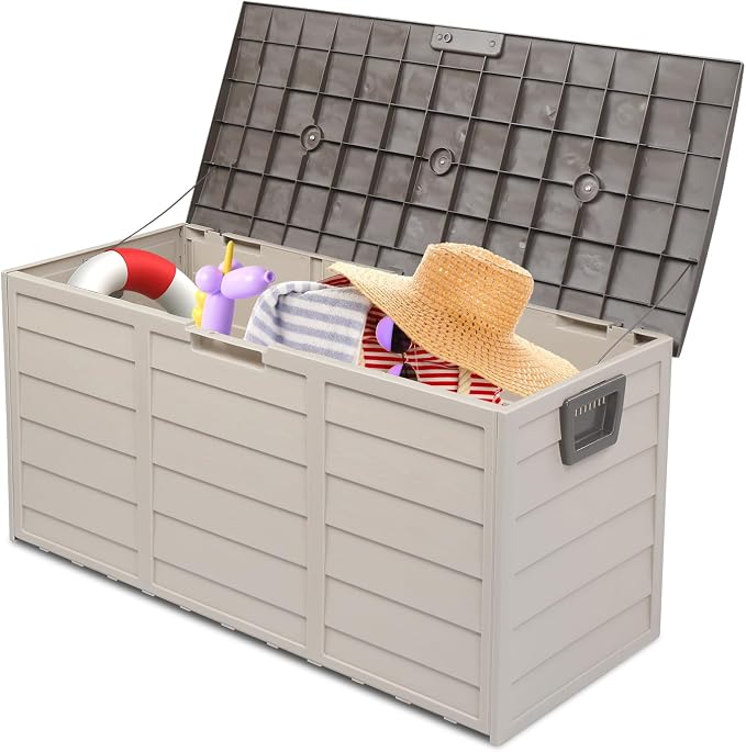 Vasitelan 75 Gallon Outdoor Storage Box, Lockable Plastic Storage Containers with Lid, Patio Deck Box Furniture for Garden, Pool, Balcony, Yard (Brown)