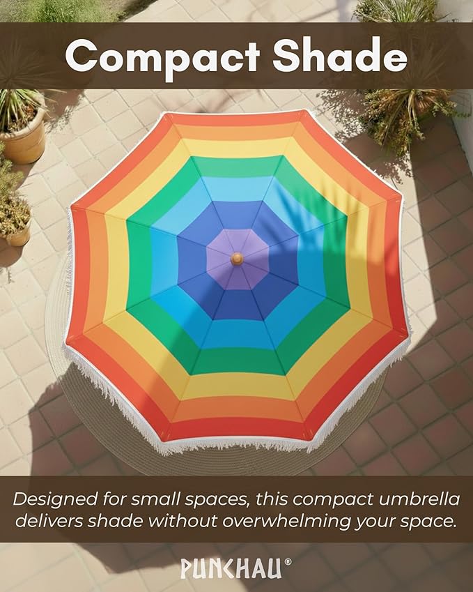 6 Ft Fringe Patio Umbrella - Outdoor Umbrella for Patio, Pool, Table, Garden, Deck, Beach, and Outdoors - Fashionable Boho Vintage Tassels & Wood Print - Push Button Tilt Pole