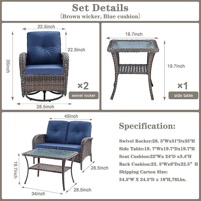Belord 5-Piece Patio Furniture - Outdoor Conversation with Deep Seating Swivel Rocker Chairs Loveseat and Rattan Coffee Table, Brown with Blue Cushion