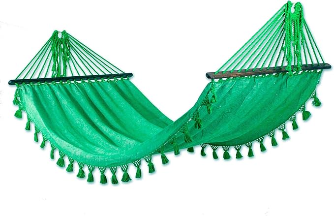 NOVICA Emerald Green Cotton Fabric 1 Person Brazilian Style Hammock with Spreader Bars and Knotted Crochet Fringe, 'Take Me to The Forest' (Single)