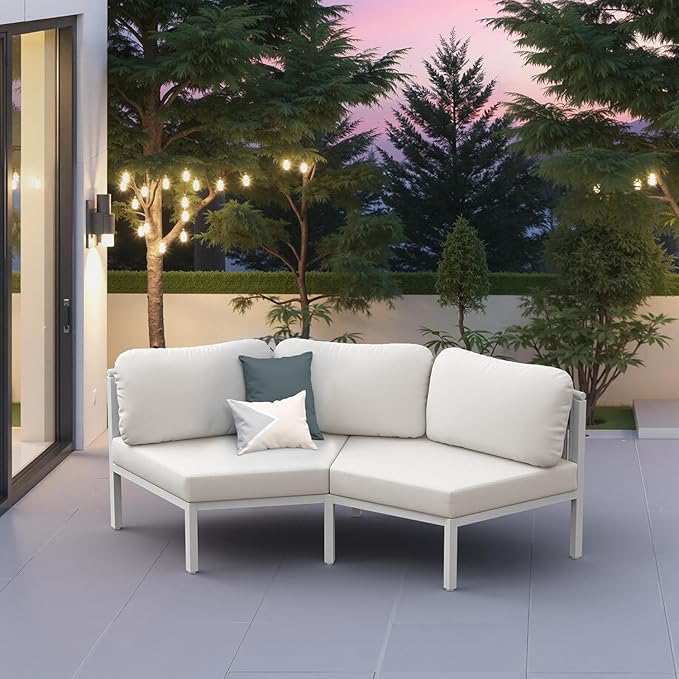 Pellebant 2-Piece Modern Curved Patio Conversation Set - Aluminum Half Moon Outdoor Sofa Furniture, Sturdy All-Weather Seating for Porch, Balcony, Garden, Beige