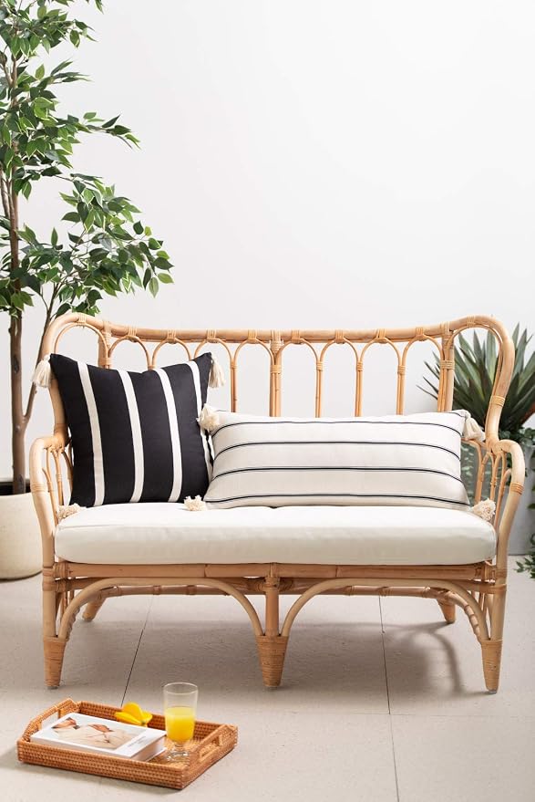Hofdeco Modern Boho Moroccan Indoor Outdoor Long Lumbar Pillow Cover ONLY for Bed, Backyard, Couch, Sofa Neutral Beige Stripe Tassels, 12"x26"