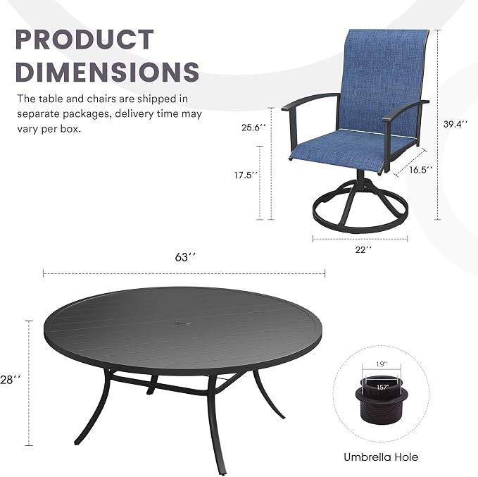 9 Pieces Outdoor Patio Dining Table Set, 63" All Weather Round Metal Table with Umbrella Hole and 8 High Back Textilene Swivel Chairs for Garden, Lawn, Poolside, Black Table & Blue Chairs