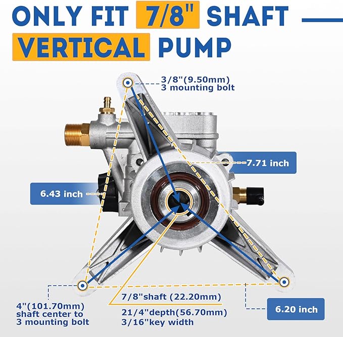 TOOLCY 7/8" Shaft Vertical Pressure Washer Pump - Rear Inlet/Outlet Max 3400 PSI @ 2.5 GPM OEM & Power Washer Pump for Gas Washer, Replacement for Simpson, Honda etc