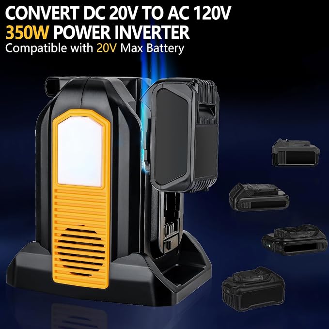 350W Portable Power Supply Inverter Power Adapter Compatible with Dewalt 20V Li-ion Battery, DC 20V to AC 120V Converter with AC Output, USB Port, Type-C Port, 300LM LED Light for Camping Emergency