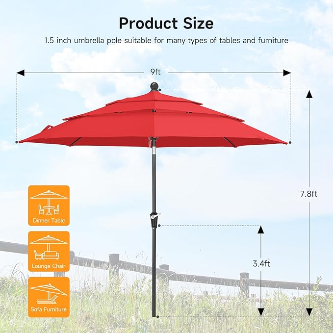 ONBRILL 9 FT Outdoor Patio Umbrella, 3 Tier Market Table Umbrella with 8 Sturdy Fiberglass Ribs and 1.5’’ Pole, Smooth Button Tilt Patio Umbrella for Backyard Pool Garden, Red(No Base)