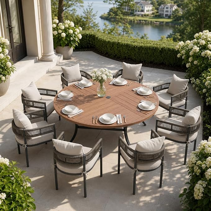 VICLLAX Patio Dining Set, 63.1" Walnut Table & 6 Chairs with Wheat Cushion | Outdoor Table and Chairs Set of Round Metal Patio Table, Outdoor Dining Chairs with Metal Frame, Garden Deck Porch