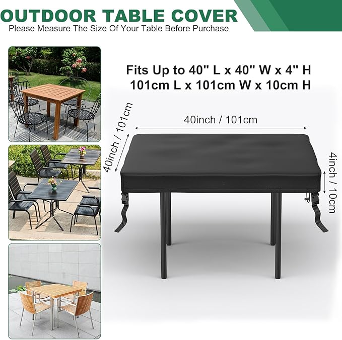 M METERXITY Square Patio Table Cover, 40"L x 40"W x 4"H Rectangular Table Cover for Outdoor Furniture, All-Weather/Waterproof/UV-Resistant, Patio Furniture Protector [Black]