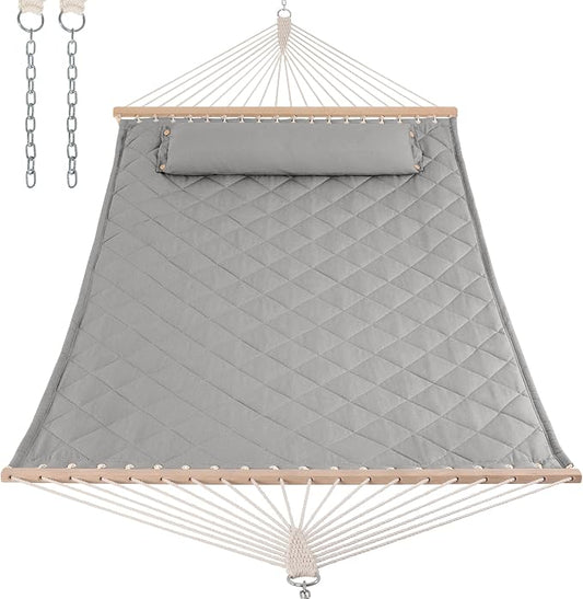 ANOW Heavy Duty Hammock with Spreader Bars and Detachable Pillow, 2 Person Hammock for Outdoors Indoors, 450 LBS Weight Capacity, Light Gray
