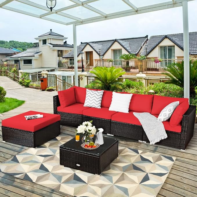 RELAX4LIFE 6-Piece Patio Sofa Set - Outdoor Sectional Sofa Set Wicker Conversation Set w/Table & Removable Cushions, Modular Sofa Set Patio Furniture for Backyard, Poolside, Balcony (Red)