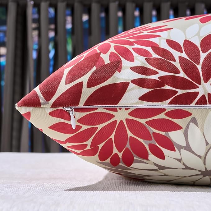 Set of 2 Dahlia Throw Pillow Covers Outdoor Pillows Waterproof 20x20 Inch Red and Pink Decorative Square Pillowcases With Invisible Zipper for Living Room Patio Garden FarmhouseTent Couch Bench