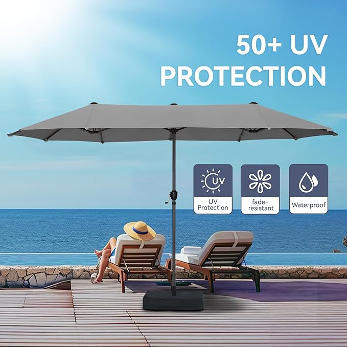 GREEN PARTY 13ft Rectangle Patio Umbrella, Double Sided Outdoor Table Umbrella with Crank & 1.5" Pole, Large Market Umbrella for Poolside Garden Deck Backyard, Smoky Gray