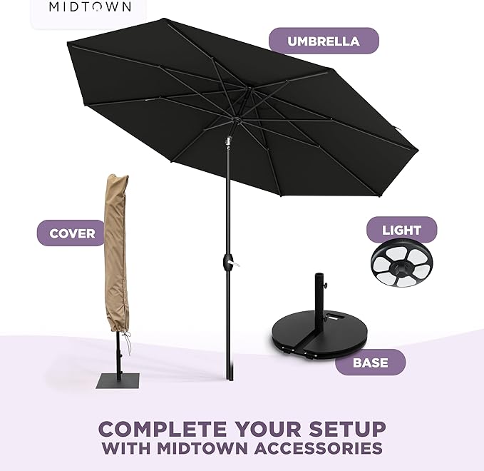 Midtown Umbrellas – The Lean 9 Ft Patio Umbrella with 10-Year-No-Fade Acrylast Acrylic Fabric, Auto-Tilt and 8 Reinforced Ribs for Deck, Pool, Garden, Hotel & Cafes – Eclipse Canopy, Black Pole