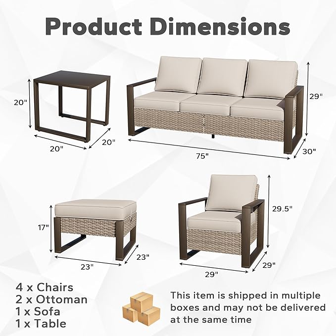 Joyside Outdoor Patio Chairs, 8 Pieces Wicker Rattan Furniture Set, 4 Patio Chairs, 1 Sofa, 2 Ottoman and 1 Table, Metal Wide Armrest, Thick Cushions and Deep Seating for Garden, Backyard, Porch