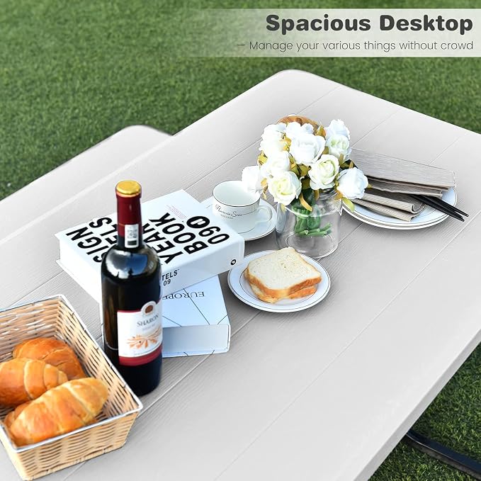 MEDIMALL Picnic Table, Portable Picnic Tables with Benches, Plastics Picnic Table Bench Set with Metal Frame & All Weather Tabletop, Large Camping Picnic Table for Outdoors, Backyard, Garden (White)