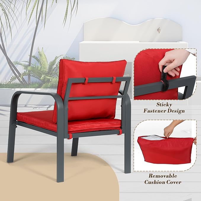 Athena Collection Patio Furniture Set 4 Pieces Outdoor Conversation Sets with Coffee Table & Cushions, All Weather Bistro Chairs Set for Balcony, Lawn, Garden, Poolside, Red