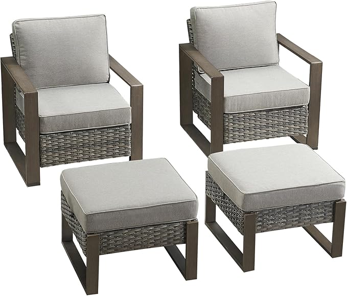 Rilyson Outdoor Wicker Patio Furniture Set - 4 Piece Patio Conversation Set with 2 Wicker Armrest Chairs,2 Rattan Ottoman, Sturdy Frame, Thick Cushions, Deep Seating(Mixed Grey/Grey)