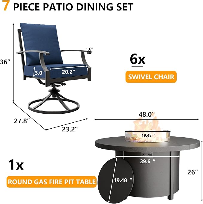 7 Piece Outdoor Dining Set for 6 with 48" Round Propane Fire Pit, Metal Outdoor Table and Chairs with 6 Swivel Chairs and 55000 BTU Outdoor Fire Pit, Patio Furniture Set for Patio, Deck, Navy