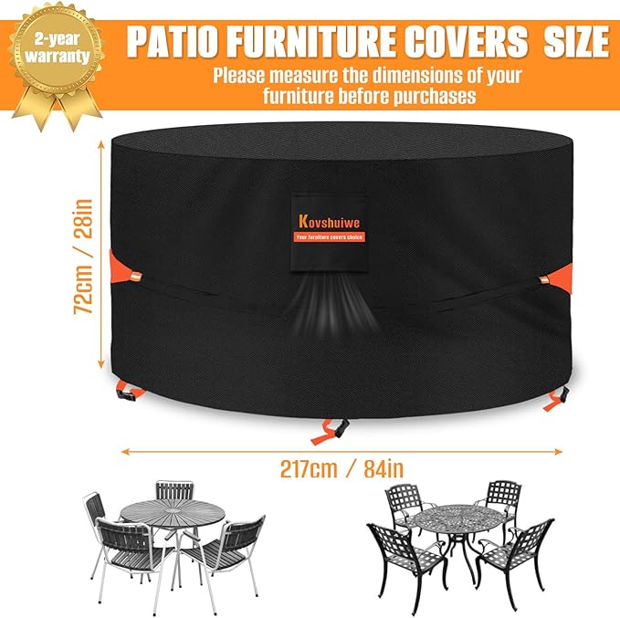 Round Patio Table Cover 84 Inch - 600D Outdoor Furniture Cover Round Waterproof Heavy Duty Tear Resistant, Lawn Furniture Set Covers Large for Outside Dining Table and Chairs Seating-84" DIAx28 H