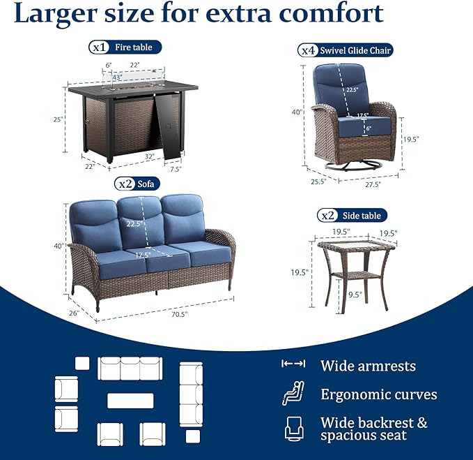 Outdoor Swivel Rocking Chair Patio Set (9pcs) High-Back - Thick Cushion Swivel Rocking Chair Patio with Fire Table Set, All-Weather Wicker Patio Furniture Set, Suitable for Balcony Patios, Brown/Blue