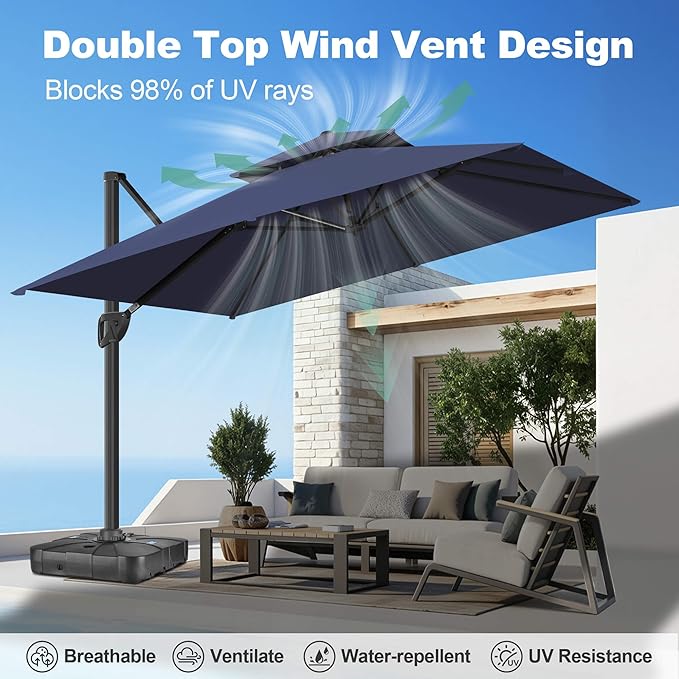 FLAME&SHADE 8.2 X 8.2 FT Square Cantilever Patio Umbrella - Large Offset Umbrella Outdoor Patio with 360-Degree Rotation and 3-Year Fade Resistance Fabric for Deck Pool Backyard Garden, Dark Blue