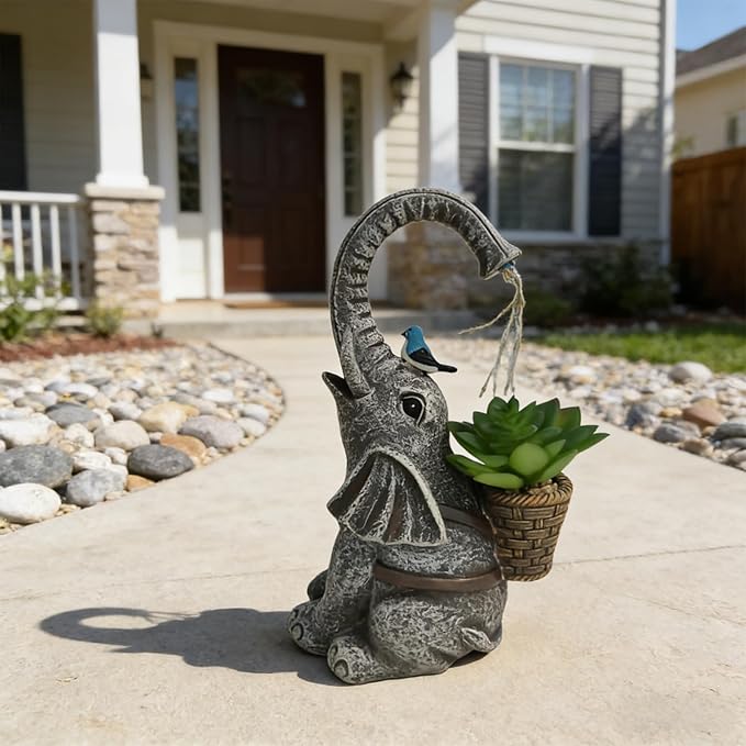 Solar Powered Garden Statue with LED Lights, Grey Stone Resin Elephant Planter, Decorative Outdoor Sculpture with Birds and Succulents,for Balcony, Garden, Patio, Yard, Lawn(Gray)