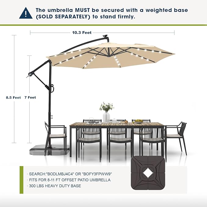 wikiwiki 10ft Solar LED Offset Patio Umbrella, Outdoor Cantilever Patio Umbrellas with Solor Lights for Backyard, Poolside and Garden, Easy Tilt Adjustment, 32 LED Lights & Polyester Shade, Beige