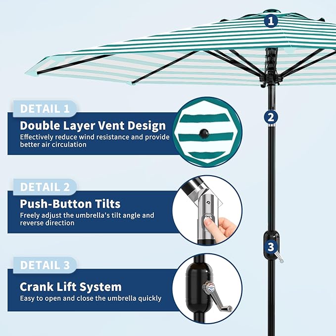 Garvee 9FT Outdoor Patio Umbrella 8 Sturdy Ribs Outdoor Table Umbrella with Crank Lift & Push Button Tilt UV Protection Waterproof Market Umbrellas for Pool Deck Yard, Turquoise & White Stripes