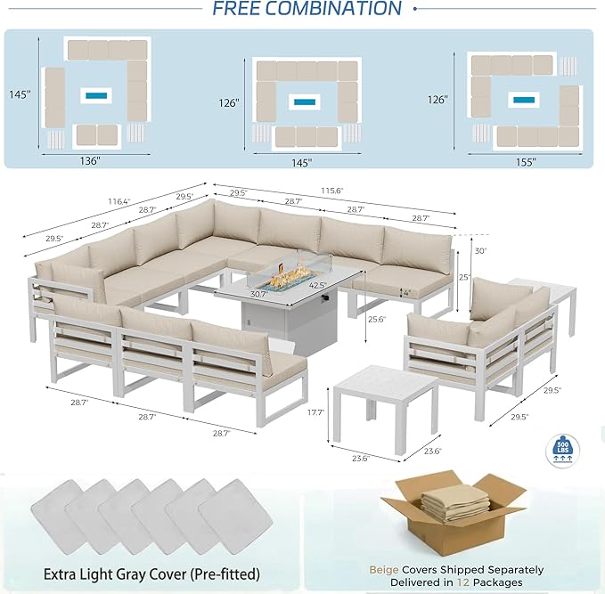 NICESOUL 15 Pcs Modern Aluminum Outdoor Patio Furniture Set with Fire Pit Table & Coffee Table, Extra Large L Shaped Modular Sectional Couch, 29" Wide Deep Seating Conversation Sofa for Terrace, Beige