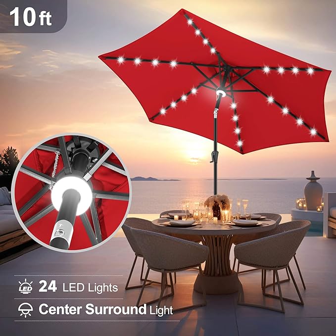 FLAME&SHADE 10ft Solar Outdoor Umbrella - 24 LED Lighted Patio Umbrella with Centre Surround Light, Table Umbrellas with Tilt & Crank for Pool, Porch, Garden, Deck, Backyard UV Protection (Red)