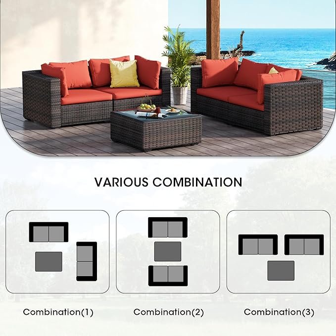 Patio Furniture Set 5 Piece All Weather PE Rattan Outdoor Sectional Sofa Couch with 4 x arm Sofa, No-Slip Cushions and Glass Top Table for Garden, Poolside, Backyard (Red)