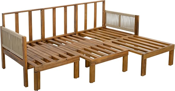JIVOIT Outdoor Patio Daybed with Rope-Woven Armrests, Convertible Outdoor Sleeper Sofa with Acacia Wood Frame, 3 Seat Patio Sunbed for Backyard, Pool (Brown/85)