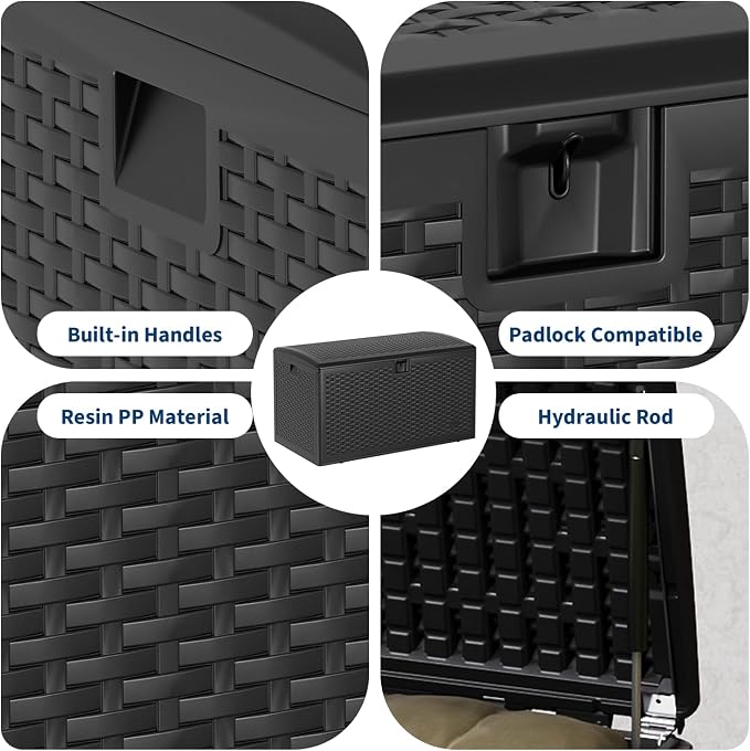 Takywep 120 Gallon Lockable Resin Deck Box, Waterproof & UV Resistant Outdoor Storage Chest, Patio Storage Bench with Black Webbing for Cushions, Garden Tools & Pool Accessories