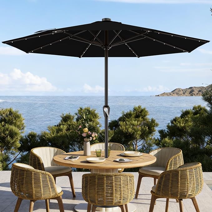 AreShark 12FT Large Patio Umbrella with Solar Lights, Solar Powered Outdoor Umbrella with Crank, Patio Table Market Umbrellas for Garden, Deck, Backyard, Pool and Beach, Black