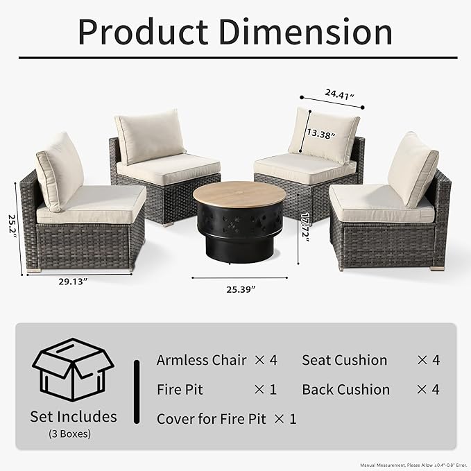 HOOOWOOO 5-Piece Outdoor Wicker Patio Furniture Set, All-Weather Rattan Chairs with Cushions and Fire Pit Table, Modern Garden Conversation Set for Patio, Porch, and Balcony (Beige)