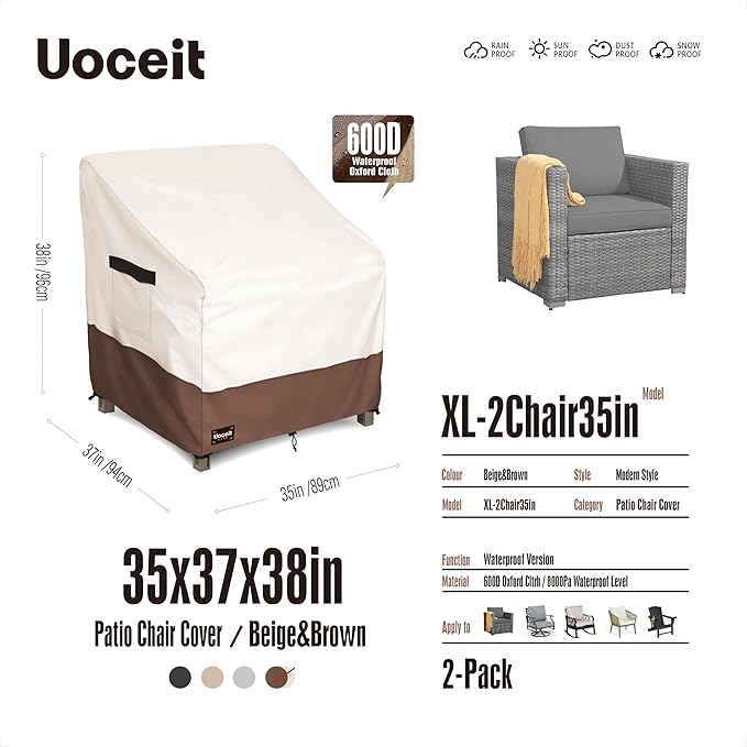 Outdoor Chair Covers 2 Pack,35Wx37Dx38H inches 100% Waterproof Heavy Duty Patio Furniture Cover ,Outdoor Furniture Covers Waterproof for Beige&Brown Modern Style Patio Chair Covers.