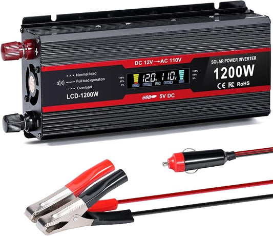 1200Watt Car Power Inverter 12V DC to 110V AC,1200W Inverter,Power Inverters for Vehicles with LCD Display and AC Outlets 2A USB Charging Port (Black)