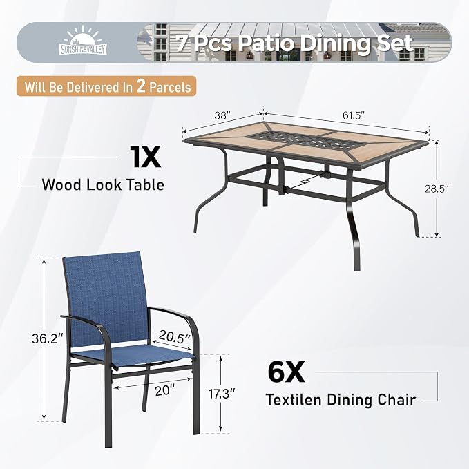 SUNSHINE VALLEY 7 Pcs Patio Dining Set for 6, Metal Rectangular Dining Table (PVC Table Top) with Umbrella Hole and 6 Chairs, Outdoor Dining Set for Lawn Garden Deck, Blue