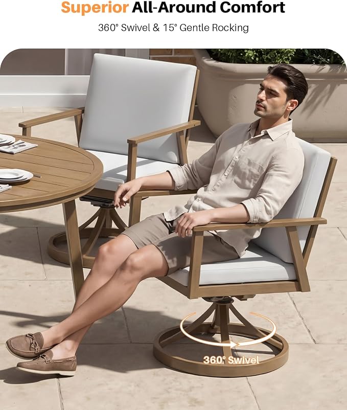 7-Piece Round Outdoor Dining Set, Never-Rust Aluminum Patio Swivel Dining Set, 51" Oversize Patio Dining Table with 6 Swivel Chairs, Outdoor Round Dining Sets for Backyard, Deck, Garden, Teak