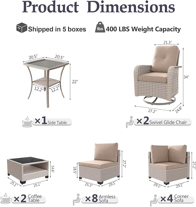 Patio Furniture Set, 17-Piece Outdoor Sectional Sofa with Swivel Rocker Chairs & 2-Layer Glass Coffee Table, Wicker Patio Conversation Set with Khaki Cushions