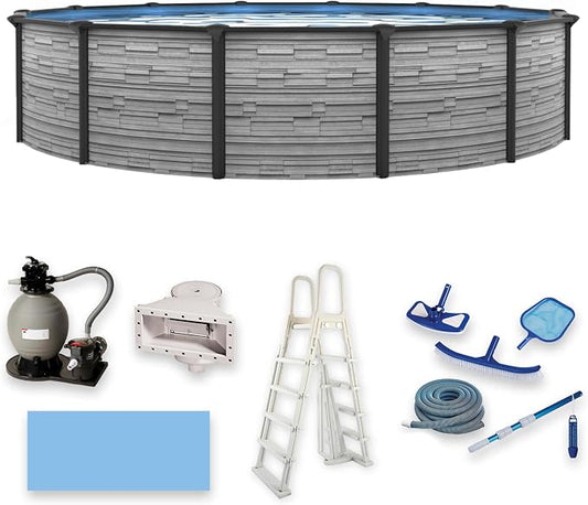Blue Wave Montilla 24-ft Round 52-in Deep Above Ground Swimming Pool – with Steel Wall & Top Rails, Sand Filter, Overlap Liner, A-Frame Ladder & Maintenance Kit – Complete Outdoor Pool Accessories