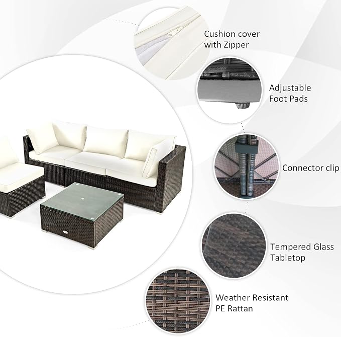 Tangkula 6-Piece Patio Furniture Set with 42 Inches Propane Fire Pit Table, Outdoor Wicker Conversation Set with Cushions and Tempered Glass Coffee Table, 50,000 BTU Gas Fire Pit Table (Off White)