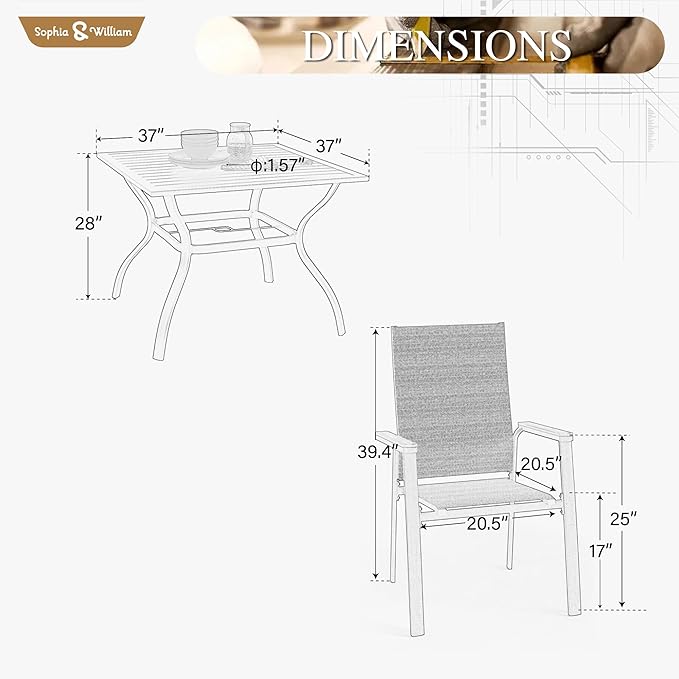 Sophia & William Patio Dining Set 5 Pieces, 4 Stackable Aluminum Textilene Dining Chairs with 37"x 37" Square Dining Table, Patio Table Chair Set for Outdoor Garden Lawn (Grey)