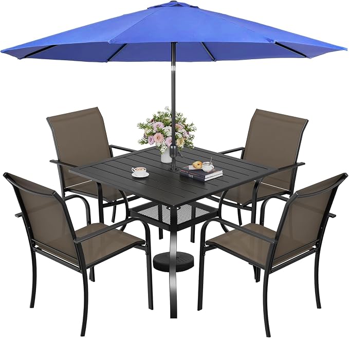 SUNCROWN 6 - Piece Outdoor Dining Set, Patio Furniture Set with 4 Textilene Dinning Chairs, 1 Steel Slat Metal Bistro Table and 1 Dark Blue 9Ft Patio Umbrella for Lawn Garden Backyard Deck, Brown