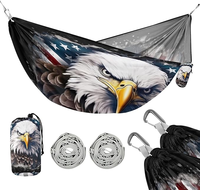 FRMG American Bald Eagle Hammock 500 lbs Capacity Portable Hammocks with Tree Straps & Attached Carry Bag, Camping Essentials Gear, 2010230a