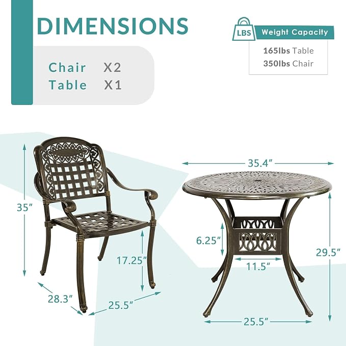 MEETWARM 3 Piece Outdoor Patio Bistro Set, All-Weather Cast Aluminum Dining Furniture Set Includes 2 Chairs and a 35.4” Round Table with Umbrella Hole for Garden Deck
