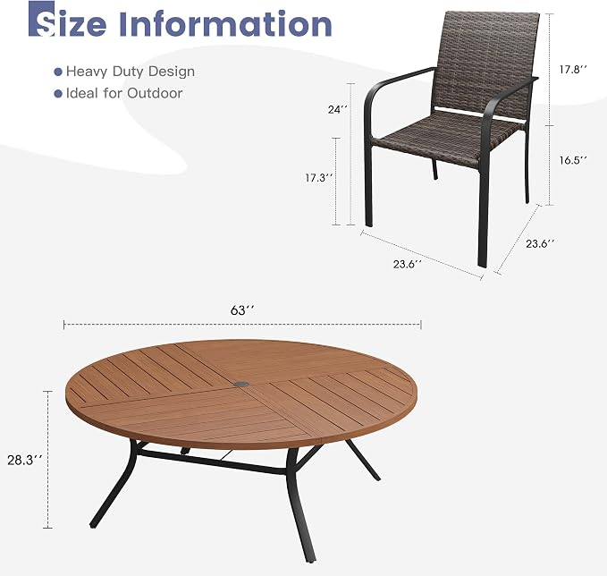 VICLLAX 11 Pieces Outdoor Dining Set, 10 Stakable Wicker Patio Chairs and 63" Patio Round Metal Table with Umbrella Hole for Backyard Lawn Garden, Walnut Tabletop